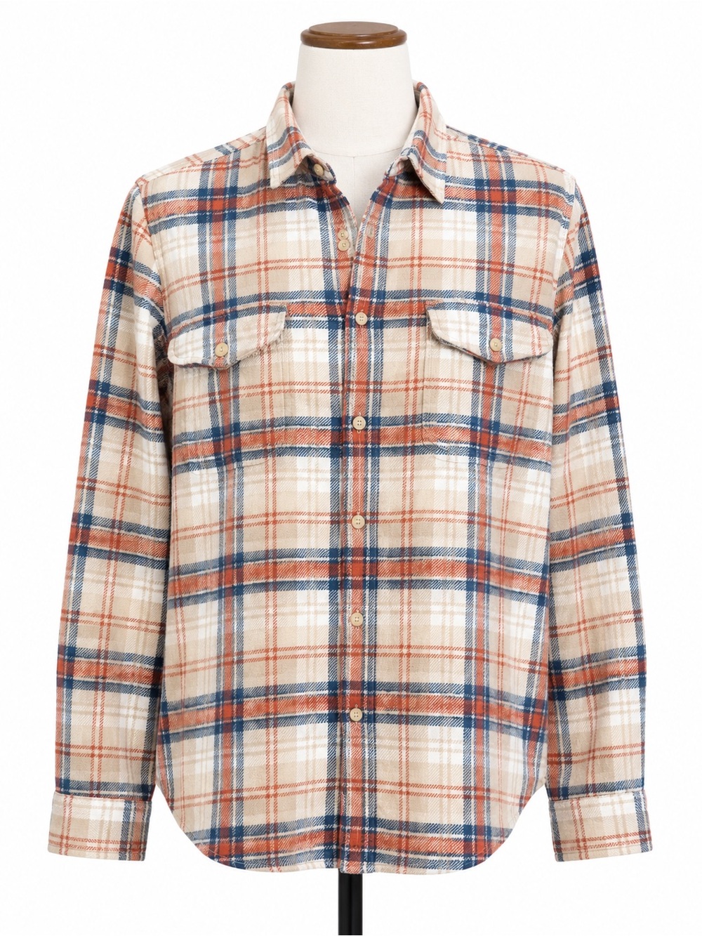 Cream Plaid Button-Up Shirt with Blue & Rust Checks